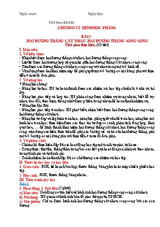 Giáo án Toán Lớp 6 (Sách Cánh diều) - Hình học - Chương 6, Bài 2: Hai đường thẳng cắt nhau. Hai đường thẳng song song