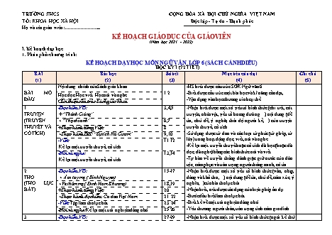 Kế hoạch dạy học môn Ngữ văn Lớp 6 (Sách Cánh diều) - Năm học 2021-2022