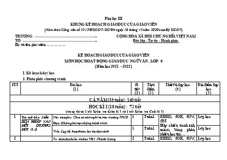 Kế hoạch giáo dục của giáo viên môn Ngữ văn 6 (Công văn 5512) - Năm học 2021-2022