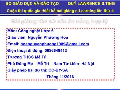 Bài giảng Công nghệ Lớp 6 - Cơ sở của ăn uống hợp lý - Nguyễn Phương Hoa