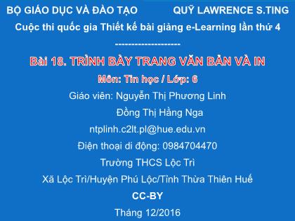 Bài giảng Tin học Lớp 6 - Bài 18: Trình bày trang văn bản và in - Nguyễn Thị Phương Linh