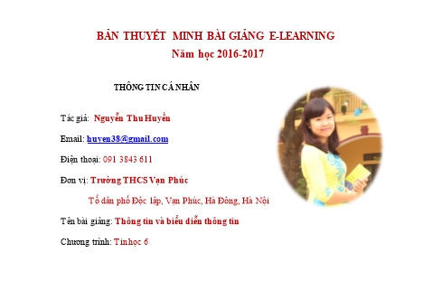 Thuyết minh Bài giảng E-learning Tin học Lớp 6 - Thông tin và biểu diễn thông tin - Nguyễn Thu Huyền