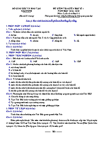 Đề kiểm tra giữa học kì 1 môn Lịch sử và Địa lí 6 - Năm học 2023-2024 (Có đáp án)