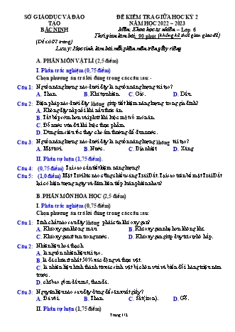 Đề kiểm tra giữa học kì 2 môn Khoa học tự nhiên 6 - Năm học 2022-2023 (Có đáp án)