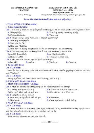 Đề kiểm tra giữa học kì 2 môn Lịch sử và Địa lí 6 - Năm học 2023-2024 (Có đáp án)