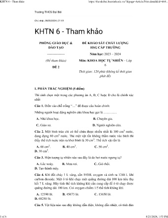 Đề thi khảo sát HSG cấp trường môn Khoa học tự nhiên 6 (Đề 1) - Trường THPT Đại Bái - Năm học 2023-2024