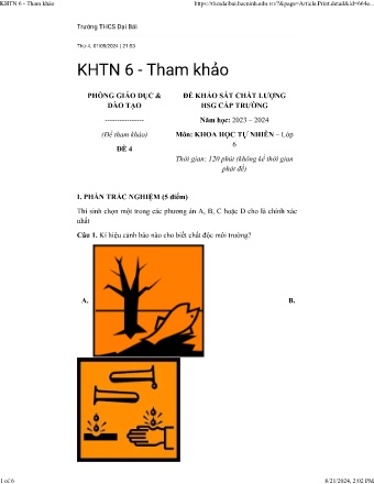 Đề thi khảo sát HSG cấp trường môn Khoa học tự nhiên 6 (Đề 2) - Trường THPT Đại Bái - Năm học 2023-2024