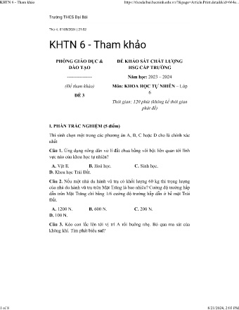 Đề thi khảo sát HSG cấp trường môn Khoa học tự nhiên 6 (Đề 3) - Trường THPT Đại Bái - Năm học 2023-2024