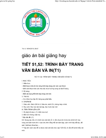 Giáo án Tin học 6 - Tiết 51, 52: Trình bày trang văn bản và in (Tiết 1)