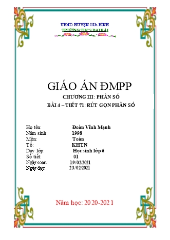 Giáo án Toán 6 - Tiết 73, Bài 4: Rút gọn phân số - Đoàn Vĩnh Mạnh