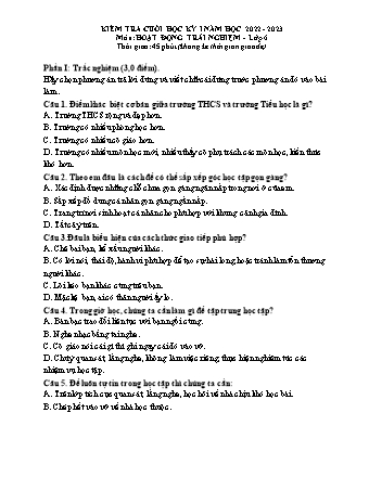 Đề kiểm tra cuối học kì 1 môn Hoạt động trải nghiệm 6 - Năm học 2022-2023 (Có đáp án)