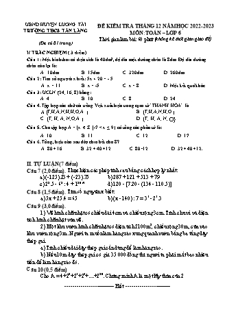 Đề thi khảo sát Tháng 12 môn Toán 6 - Năm học 2022-2023 (Có đáp án)