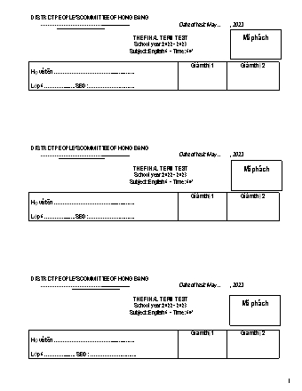 Đề kiểm tra cuối học kì 2 môn Tiếng Anh 6 - Năm học 2022-2023 - PGD&ĐT Hồng Bàng (Có đáp án + Ma trận)