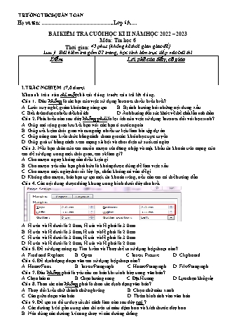 Đề kiểm tra cuối học kì 2 môn Tin học 6 - Năm học 2022-2023 - Bùi Thị Thuận (Có đáp án)