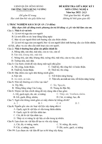 Đề kiểm tra giữa học kì 1 môn Công nghệ 6 - Năm học 2022-2023 - Nguyễn Thị Kim Liên (Có đáp án)