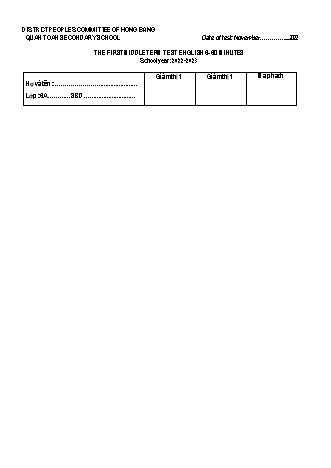 Đề kiểm tra giữa học kì 1 môn Tiếng Anh 6 - Năm học 2022-2023 - Nguyễn Thị Chà (Có đáp án + File nghe)