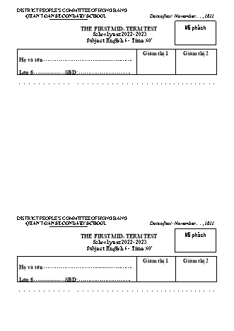 Đề kiểm tra giữa học kì 1 môn Tiếng Anh 6 - Năm học 2022-2023 - Hà Thị Ánh Thu (Có đáp án + File nghe)