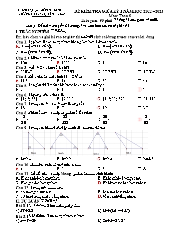 Đề kiểm tra giữa học kì 1 môn Toán 6 - Năm học 2022-2023 - Trường THCS Quán Toan (Có đáp án)