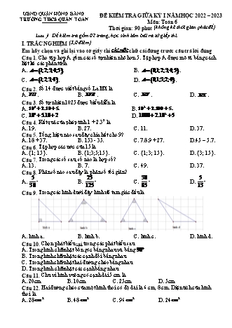 Đề kiểm tra giữa học kì 1 Toán Lớp 6 - Năm học 2022-2023 - Trường THCS Quán Toan (Có đáp án)