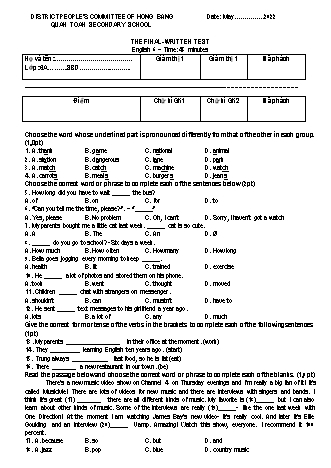 Đề kiểm tra học kì 2 môn Tiếng Anh 6 - Năm học 2021-2022 - Trần Thị Thu Huyền (Có đáp án)