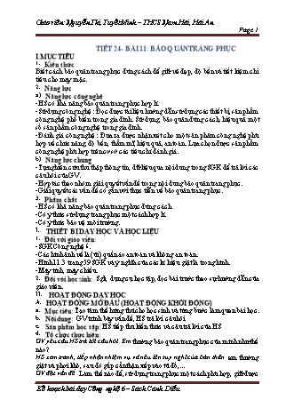 Giáo án Công nghệ 6 (Cánh diều) - Tiết 24 - Bài 11: Bảo quản trang phục - Nguyễn Thị Tuyết Minh