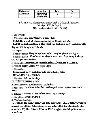 Giáo án Khoa học tự nhiên 6 (Kết nối tri thức) - Bài 34: Các hình dạng nhìn thấy của mặt trăng - Trường THCS Nguyễn Chuyên Mỹ