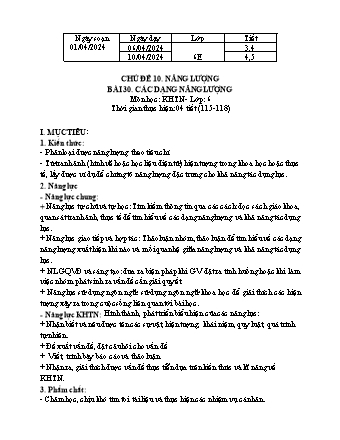 Giáo án Khoa học tự nhiên 6 (Kết nối tri thức) - Chủ đề 10 - Bài 30: Các dạng năng lượng - Năm học 2023-2024 - Trường THCS Nguyễn Chuyên Mỹ