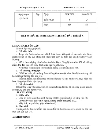 Giáo án Lịch sử và Địa lí 6 (Kết nối tri thức) - Tiết 88 - Bài 14: Bước ngoặt lịch sử đầu thế kỉ X - Năm học 2024-2025 - Đinh Thị Thảo