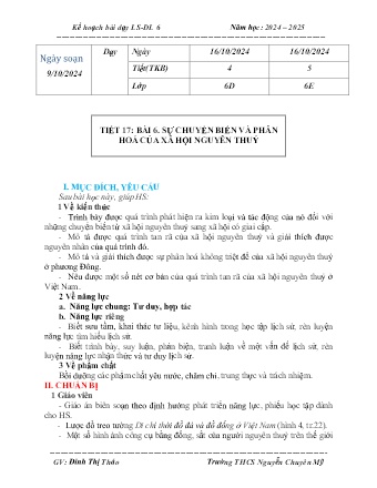 Kế hoạch bài dạy Lịch sử và Địa lí 6 (Kết nối tri thức) - Bài 6: Sự chuyển biến và phân hóa của xã hội nguyên thủy - Trường THCS Nguyễn Chuyên Mỹ