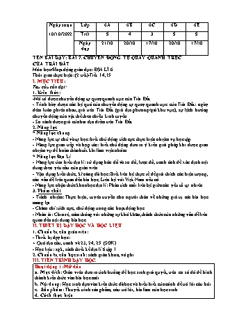 Kế hoạch bài dạy Lịch sử và Địa lí 6 (Kết nối tri thức) - Bài 7: Chuyển động tự quay quanh trục - Trường THCS Nguyễn Chuyên Mỹ