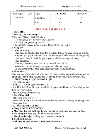 Kế hoạch bài dạy Lịch sử và Địa lí 6 (Kết nối tri thức) - Tiết 23: Ôn tập giữa học kì 1 - Năm học 2024-2025 - Đinh Thị Thảo