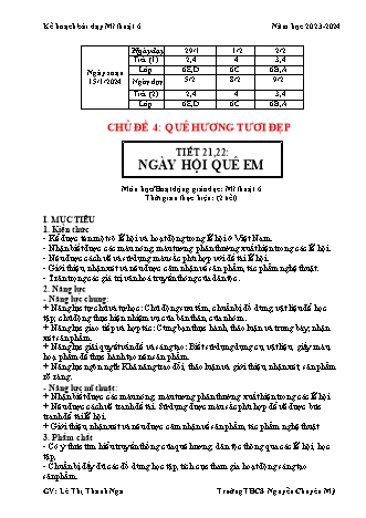 Kế hoạch bài dạy Mĩ thuật 6 (Kết nối tri thức) - Chủ đề 4 - Bài: Ngày hội quê em - Năm học 2023-2024 - Lê Thị Thanh Nga