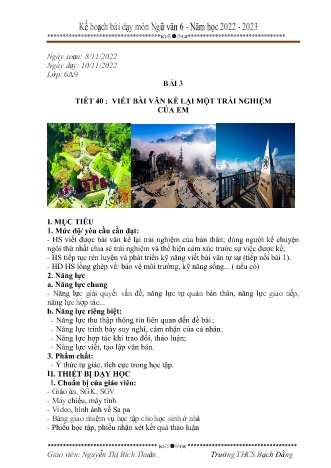 Kế hoạch bài dạy Ngữ văn 6 - Bài 3: Viết bài văn kể một trải nghiệm của em - Năm học 2022-2023 - Nguyễn Thị Bích Thuận