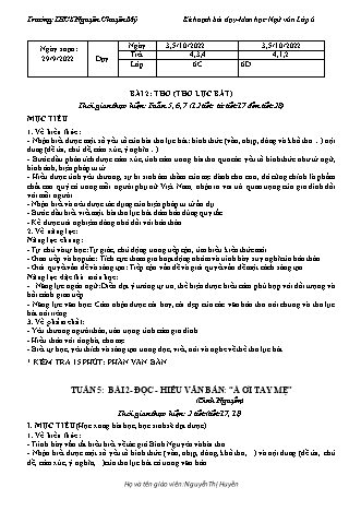 Kế hoạch bài dạy Ngữ văn 6 (Cánh diều) - Bài 2: Thơ (Thơ lục bát) - Năm học 2022-2023 - Nguyễn Thị Huyền