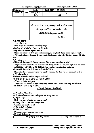 Kế hoạch bài dạy Ngữ văn 6 (Cánh diều) - Bài: Đêm nay bác không ngủ - Năm học 2023-2024 - Phạm Thị Quỳnh