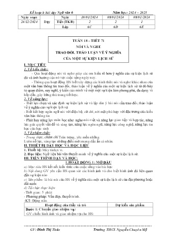 Kế hoạch bài dạy Ngữ văn 6 (Cánh diều) - Bài: (Nói và nghe): Trao đổi, thảo luận vê fys nghĩa của một sự kiện lịch sử - Năm học 2024-2025 - Đinh Thị Thảo