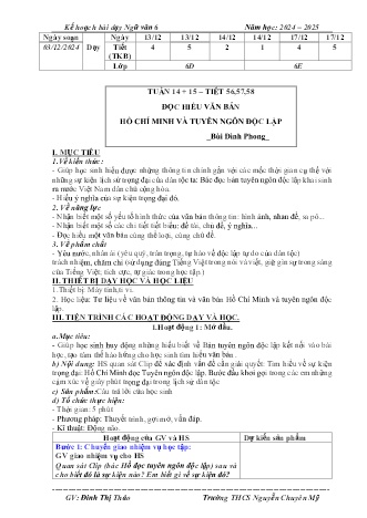 Kế hoạch bài dạy Ngữ văn 6 (Cánh diều) - Tuần 14 - Bài: Hồ Chí Minh và Tuyên ngôn độc lập - Năm học 2024-2025 - Đinh Thị Thảo