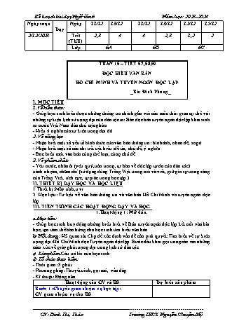 Kế hoạch bài dạy Ngữ văn 6 (Kết nối tri thức) - Tuần 15 - Bài: Hồ Chí Minh và tuyên ngôn độc lập - Năm học 2023-2024 - Đinh Thị Thảo