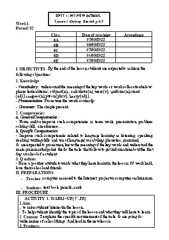 Kế hoạch bài dạy Tiếng Anh 6 (Global Success) - Week 1 - Unit 1: My new school - Trường THCS Nguyễn Chuyên Mỹ