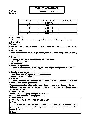 Kế hoạch bài dạy Tiếng Anh 6 (Global Success) - Week 11 - Unit 4: Neighbourhood - Lesson 5 - Trường THCS Nguyễn Chuyên Mỹ