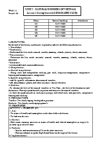 Kế hoạch bài dạy Tiếng Anh 6 (Global Success) - Week 12 - Unit 5: Natural wonders of Vietnam - Trường THCS Nguyễn Chuyên Mỹ