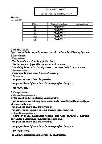 Kế hoạch bài dạy Tiếng Anh 6 (Global Success) - Week 3 - Unit 2: My house - Trường THCS Nguyễn Chuyên Mỹ
