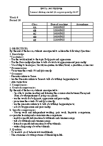 Kế hoạch bài dạy Tiếng Anh 6 (Global Success) - Week 6 - Unit 3: My friends - Trường THCS Nguyễn Chuyên Mỹ