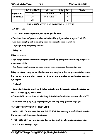 Kế hoạch bài dạy Toán 6 (Cánh diều) - Bài 3: Phép cộng các số nguyên - Năm học 2023-2024 - Ngô Mai Hương