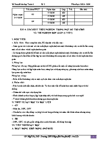Kế hoạch bài dạy Toán 6 (Cánh diều) - Bài 4: Xác suất thực nghiệm trong một số trò chơi và thí nghiệm đơn giản - Năm học 2023-2024 - Ngô Thị Thế