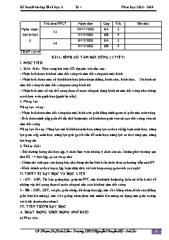 Kế hoạch bài dạy Toán 6 (Cánh diều) - Bài 6: Hình có tâm đối xứng - Năm học 2023-2024 - Phạm Thị Bích Liên