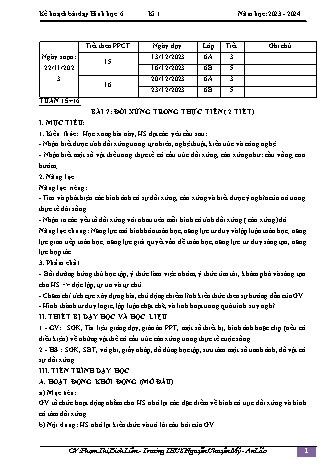 Kế hoạch bài dạy Toán 6 (Cánh diều) - Bài 7: Đối xứng trong thực tiễn - Năm học 2023-2024 - Phạm Thị Bích Liên