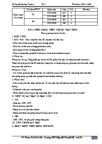 Kế hoạch bài dạy Toán 6 (Cánh diều) - Bài 7: Phép cộng, phép trừ số thập phân - Năm học 2023-2024 - Phạm Thị Bích Liên