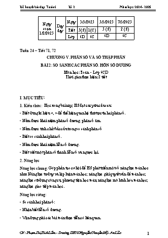 Kế hoạch bài dạy Toán 6 (Cánh diều) - Chương 5 - Bài 2: So sánh các phân số. Hỗn số dương - Năm học 2024-2025 - Phạm Thị Bích Liên