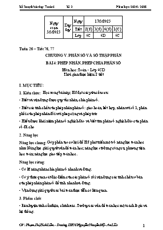 Kế hoạch bài dạy Toán 6 (Cánh diều) - Chương 5 - Bài 4: Phép nhân, phép chia phân số - Năm học 2023-2024 - Phạm Thị Bích Liên